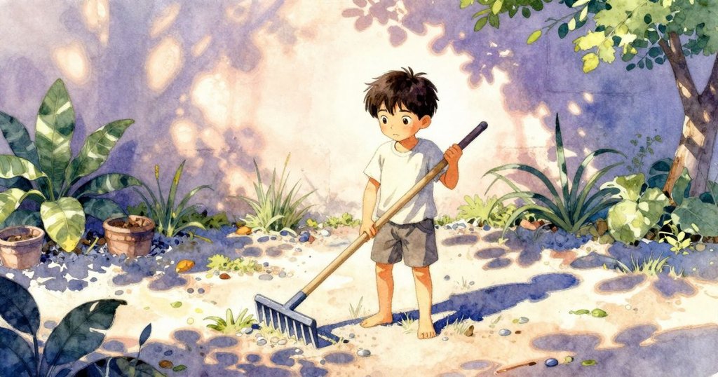 Ian赤足站在暖灰礫石花園中,肩背耙子,竹噴泉滴落,背景有鴿子,晨光與陰影交錯