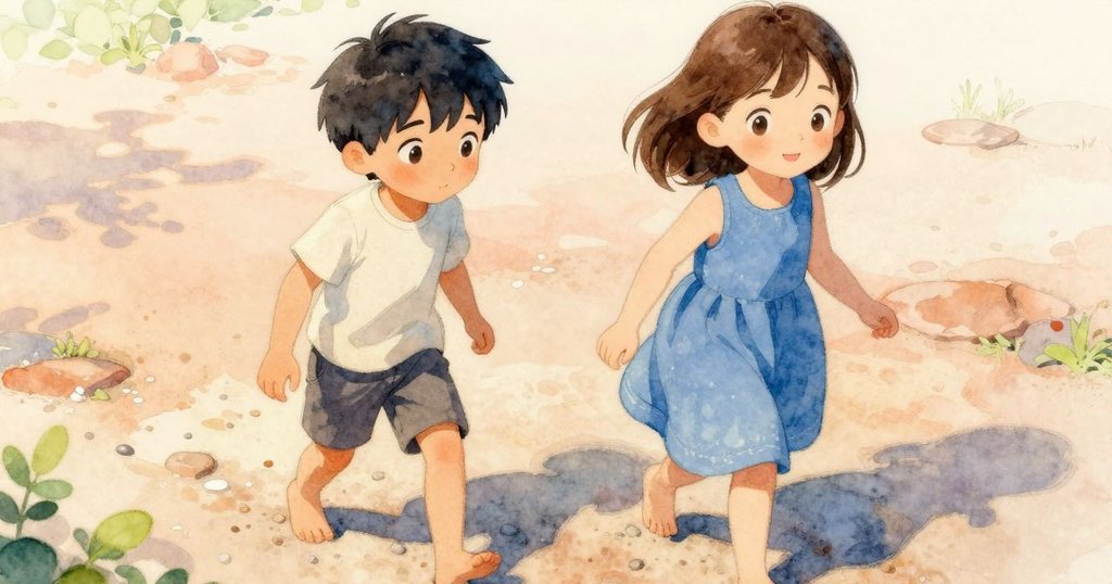 Ian的赤足在暖礫石上輕踏,腳印清晰,晨光映照下展現花園節奏細膩紋理