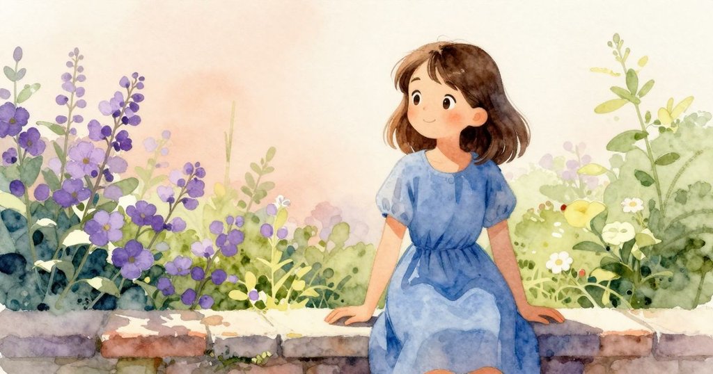 Xyla倚靠矮牆,俯視改變的礫石圖案,臉上展現思索與驚喜,在柔和晨光中低語