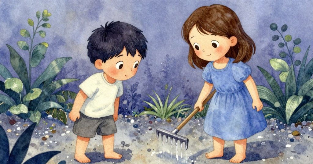 鏡頭聚焦竹噴泉滴水觸及耙齒,碎石紋理細膩呈現,空氣中瀰漫著濕潤與涼意