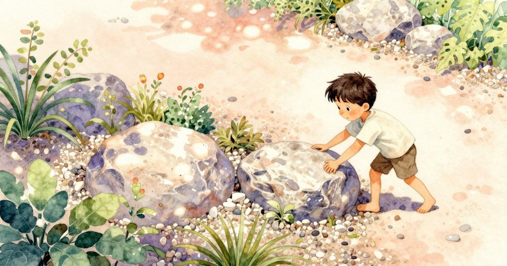 Ian輕觸圍繞錨石的礫石圖案,花園光影交錯中展現新節奏,預示續篇希望與平靜延展