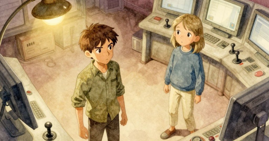 Valen和Kit在控制室內互動，從高空視角展示監控台和閃爍燈光，營造溫暖而專注的工作環境