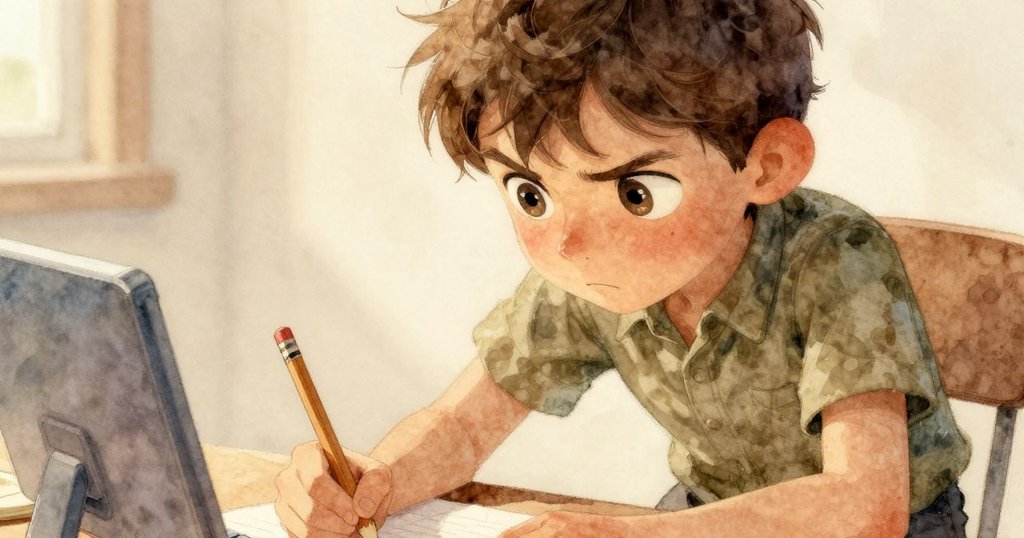 Valen專注凝視顯示器反光，手持鉛筆準備記錄，表情專注，環境燈光柔和，展現內心緊張情緒