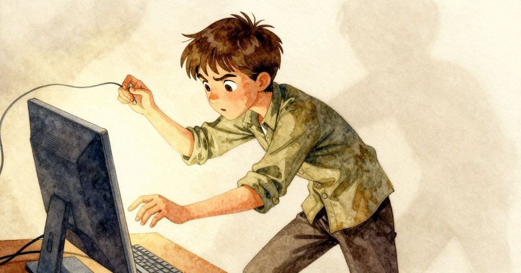 從高角度看Valen使用摺成楔形的圖表調整監視器，動作中帶著決心和一絲憂慮，室內燈光溫暖