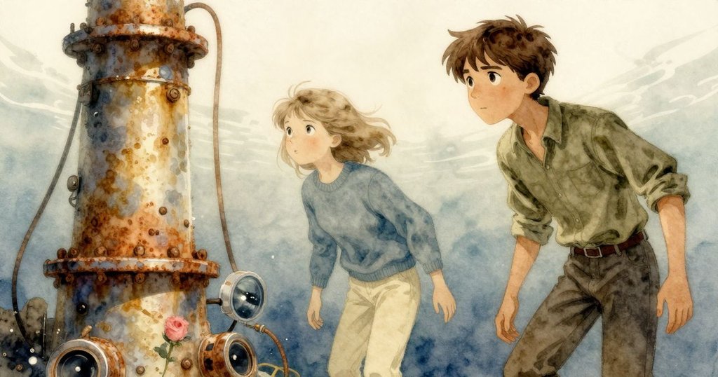 水下視角中，礦柱顯露生鏽細節，顯示器上聲納信號輕柔響起，展現神秘而專注的探測過程