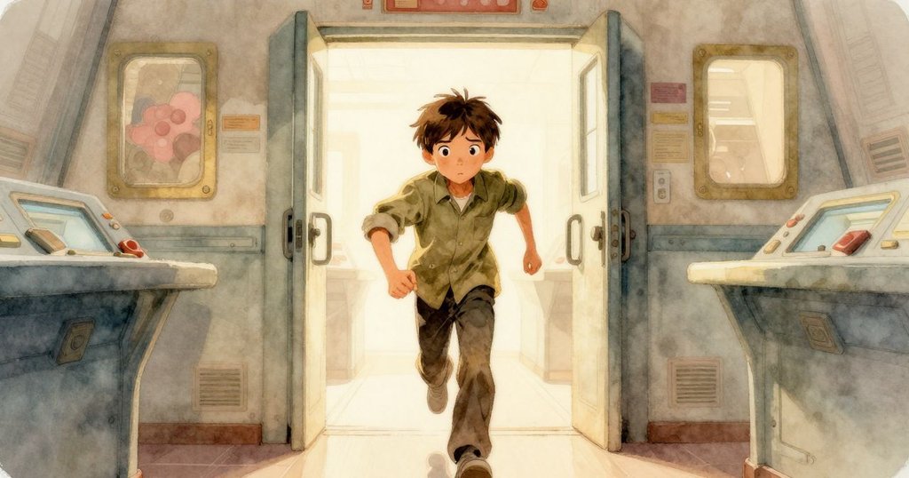 Valen完成操作後放下鉛筆，緩步走向明亮走廊，環境轉換展現操作成功與團隊間溫暖連結