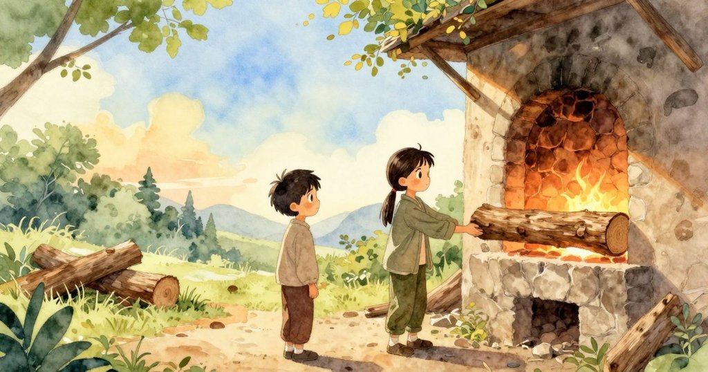 澤克在棚屋門口注視瑪莉索爾舉木柴，火窯散發溫暖橙光，環境充滿質樸與期待之情