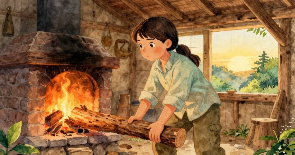 瑪莉索爾在溫暖火光下舉起劈開木柴，表情專注而堅定，背景呈現古樸棚屋與火窯