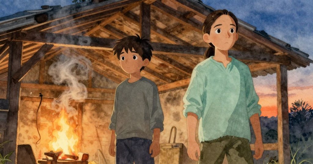 棚屋內煙霧在橫梁間輕盈飄動，火光與柔和光線交織，映出夢幻般的氣氛與層次