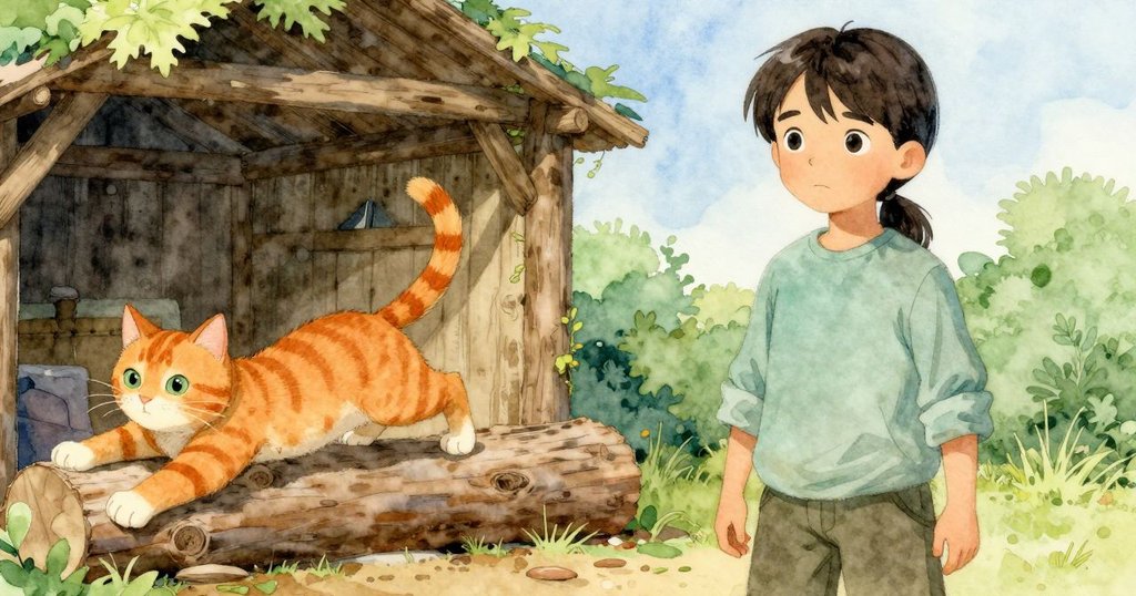 橘色貓咪因突然火響而驚醒，伸展後迅速奔向木柴堆後的陰影，動作靈活生動