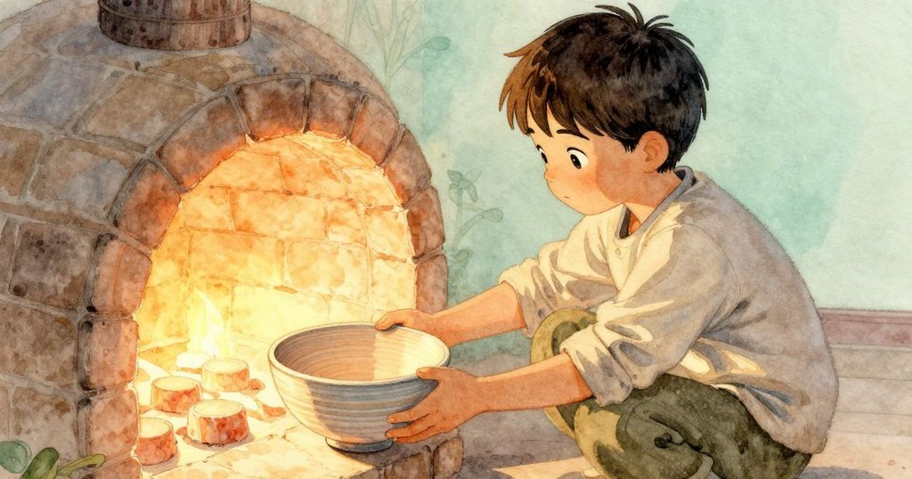 澤克小心提起刻有螺旋花紋的陶碗，灰燼從碗底緩緩滑落，火窯光影間透露出靜謐而深思的情景