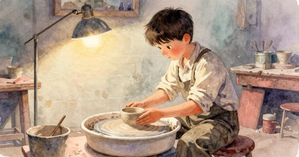 Fletcher在微光照耀的工作室中調整陶輪，神情專注，場景充滿戲劇性的明暗對比