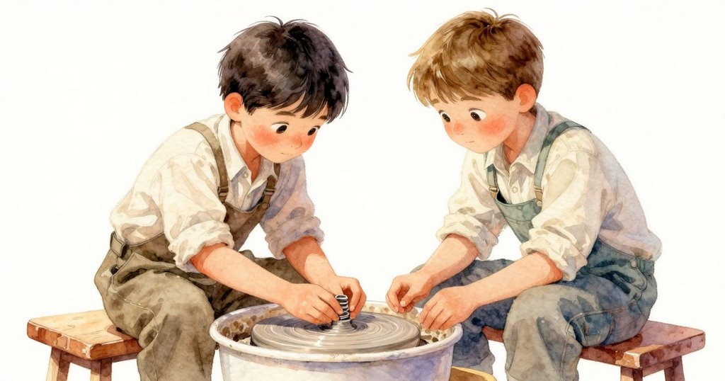 Fletcher調整旋轉陶輪時，斜視角展示木製鱷魚玩具支撐，工坊內工具散落