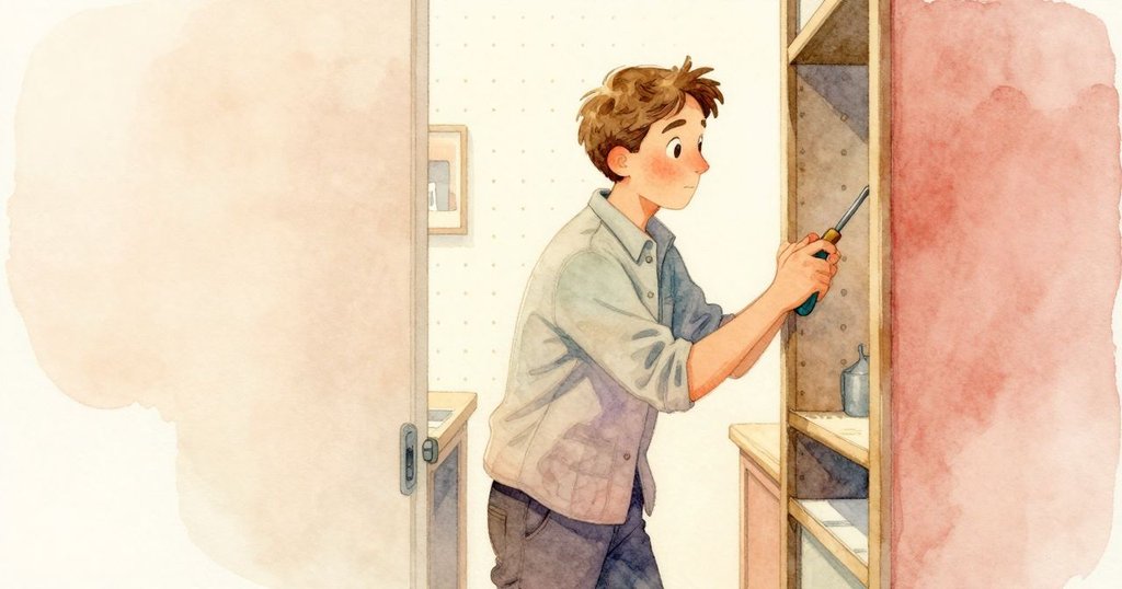 Otto走進狹小通道，使用螺絲刀協助調整陶輪，和諧工作室靜謐氛圍