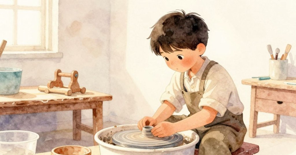 工作室黃昏時分，Fletcher將陶輪與木鱷魚品放置在工作台上，溫柔金色光線瀰漫