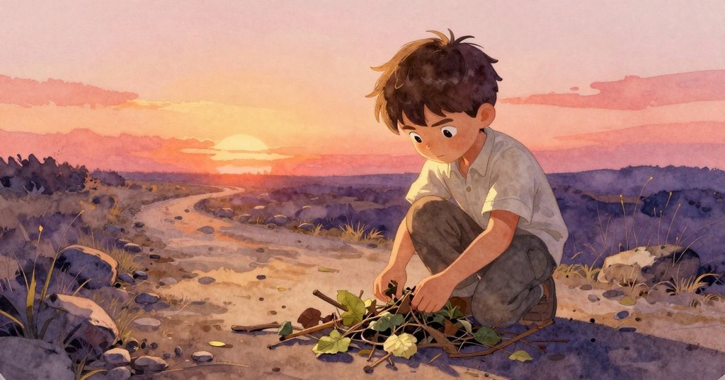 Felix站在乾澀小徑上,仔細檢查葉片與樹枝,背景遠處有水道與薄霧,表情認真,場景暗示廣闊的自然環境