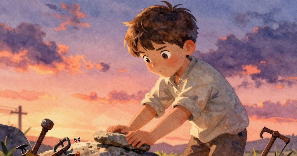 Felix專心地擺放石塊及粗集料,對焦在生鏽鐵把手上,溫暖光線突顯歷史痕跡,細節豐富