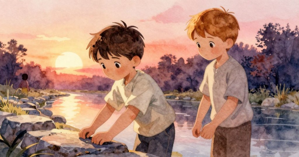 從背後觀看Felix調整石塊,遠處可見Jude呼喚,背景呈現柔和秋色與緩流水道,動作與聆聽表情兼具