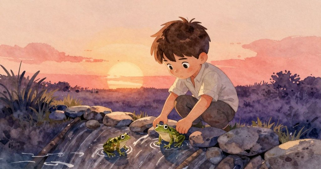 從高處俯瞰水道及臨時築堤,Felix忙於工作,青蛙在濕潤邊緣跳躍,整體場景透露出溫暖自然光輝