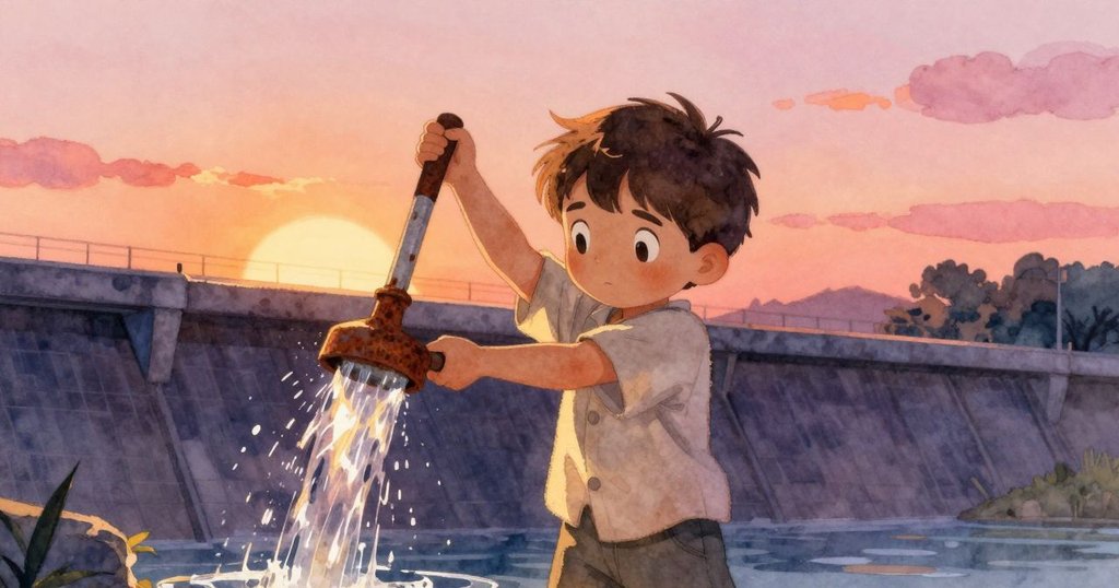 Felix神情堅定,停下來舉起生鏽把手,釋放累積水勢,臉上顯露決心,背景呈現自然水道與石塊排列