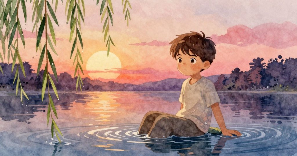 Felix靜立於逐漸復甦的水道邊,柳葉閃著濕光,蜻蜓飛舞,呈現一種寧靜與更新的氛圍,故事緩緩落幕