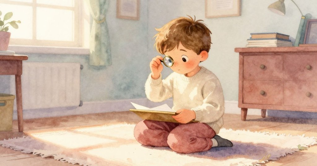 Alden在溫暖的書房中開始實驗,調整黃銅鏡頭,桌上擺有紙張與卵石,夕陽灑入窗內,展現開始探索的情感