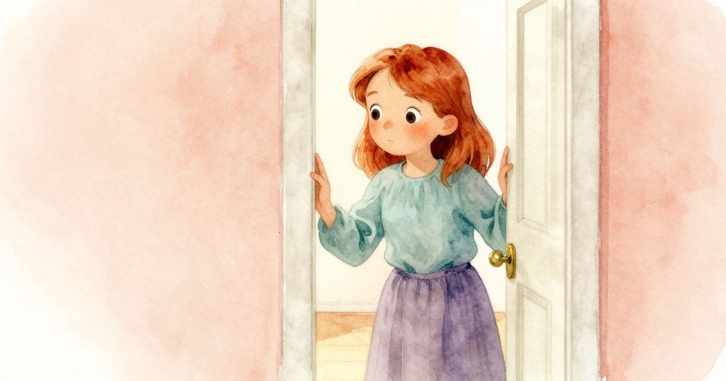 Greta從門框望進實驗室,凝視Alden操作儀器,眼中流露好奇與細膩關懷,房間內光線柔和