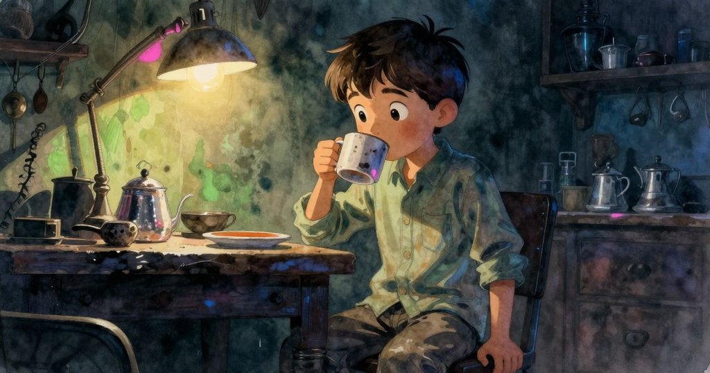 多裡安在昏暗工作室內啜飲破損茶杯茶,表情帶疑惑,背景有對比燈光與陰影,故事開始情境