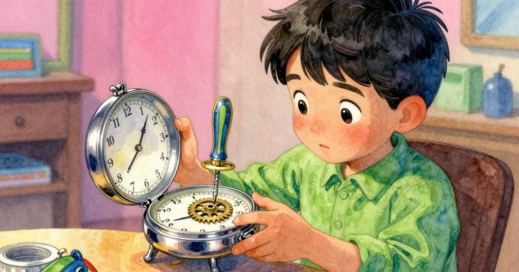 多裡安專注檢視鐘盒,手中螺絲刀滾動與黃銅齒輪碰撞,細節展示好奇心,故事進展情境