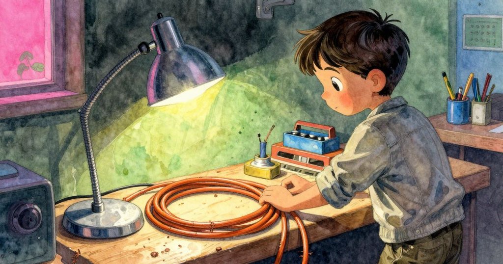 從多裡安背後視角看,橙色電纜蜿蜒至插座,磨損銅線在燈光下閃爍,展現故事發展懸疑情境