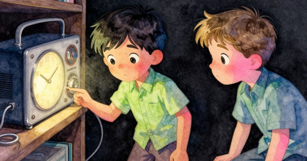 特寫鏡頭展示鐘匙依偎發光收音機旁,修復電纜隱在架後,燈光溫暖照射,象徵恢復和諧,故事結尾情境