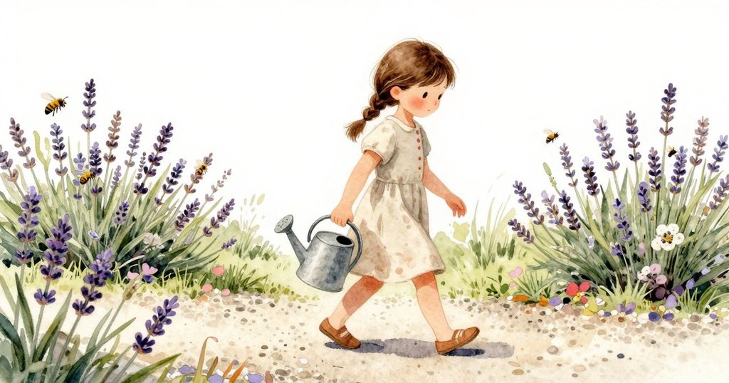艾洛文提著銅澆水壺穿越鵝卵石小徑,背景有紫色薰衣草和嗡嗡蜜蜂,臉上流露出好奇與堅定。