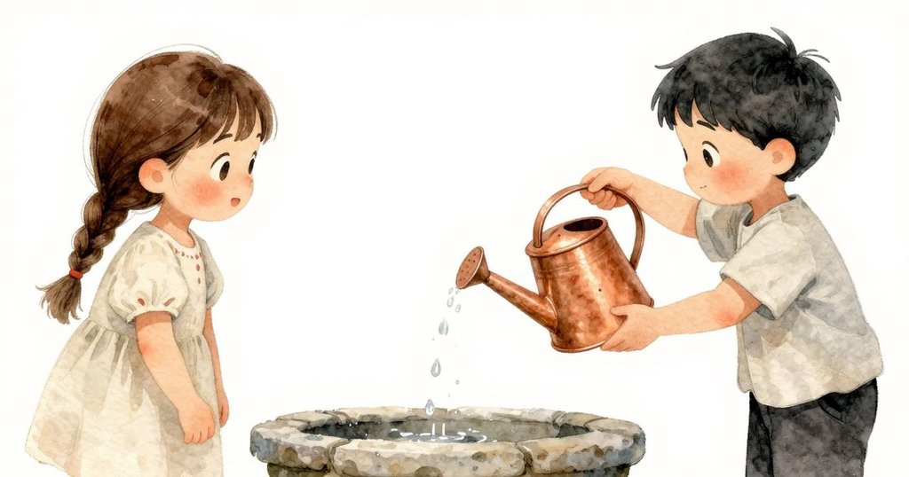 艾洛文的手細膩地傾斜銅澆水壺,水滴優雅飛落在石質通道上,展現專注而溫馨的畫面。