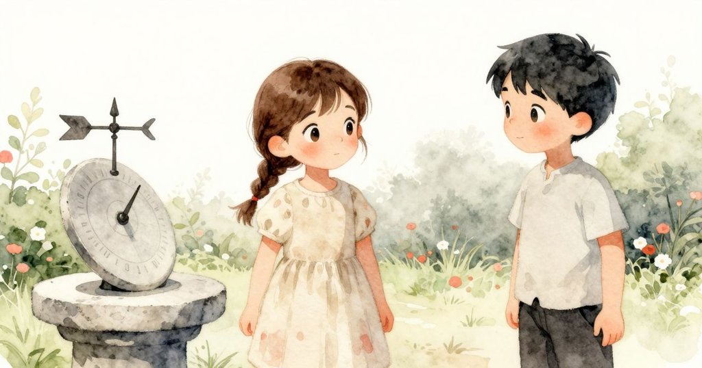 艾靈從自己的視角注視靜止的風向標和日晷,花園中彌漫著寧靜與神秘,激發出內心的好奇。