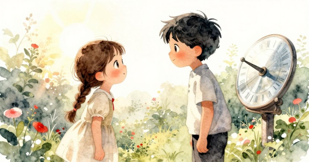 艾洛文與艾靈共同凝視倒映出天空陽光破雲瞬間的日晷,現實與鏡中奇幻世界交相輝映。