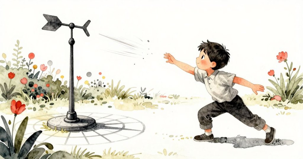 艾靈活潑地追逐日晷上迅速移動的影子,風向標在微風中搖曳,展現出充滿活力的追逐場面。