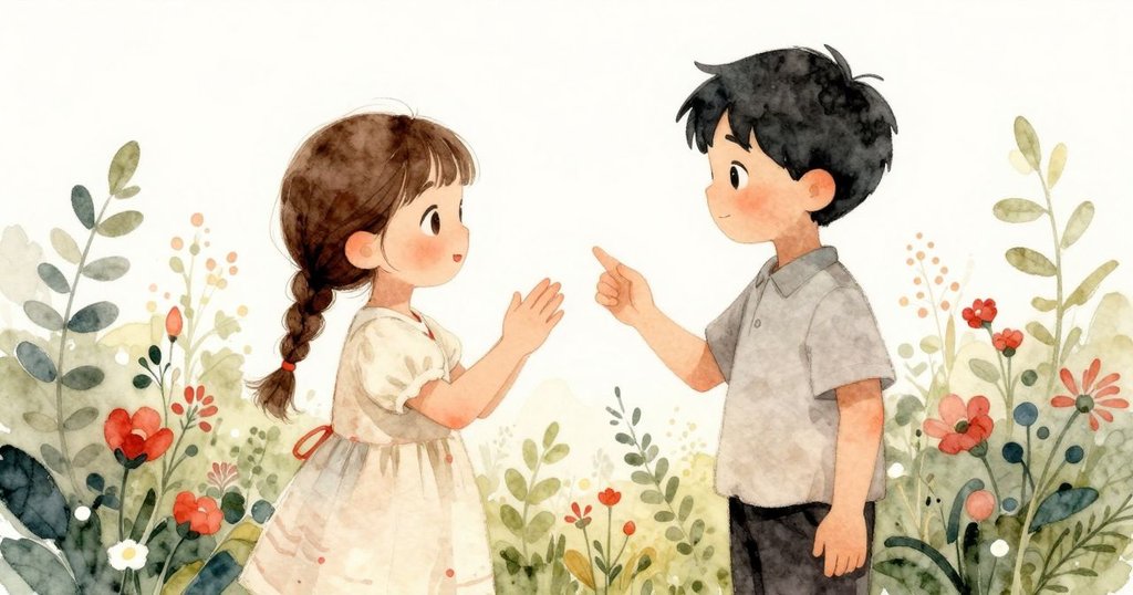 艾洛文與艾靈在花園中溫柔互動,手心輕碰流露出對奇妙時刻的感激與聯結,畫面充滿寧靜魔幻氣息。