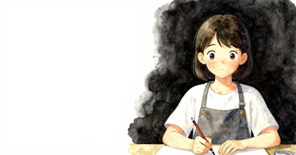 Nadia專注於書法工具操作，廣角刻畫空缺刷位與工具排列，環境空白增添專注與靜謐感。