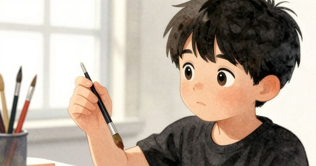 Wyatt從第一人稱視角，輕輕拾起顫動的刷子，細膩捕捉墨石與工具背景，情感真摯且專注。