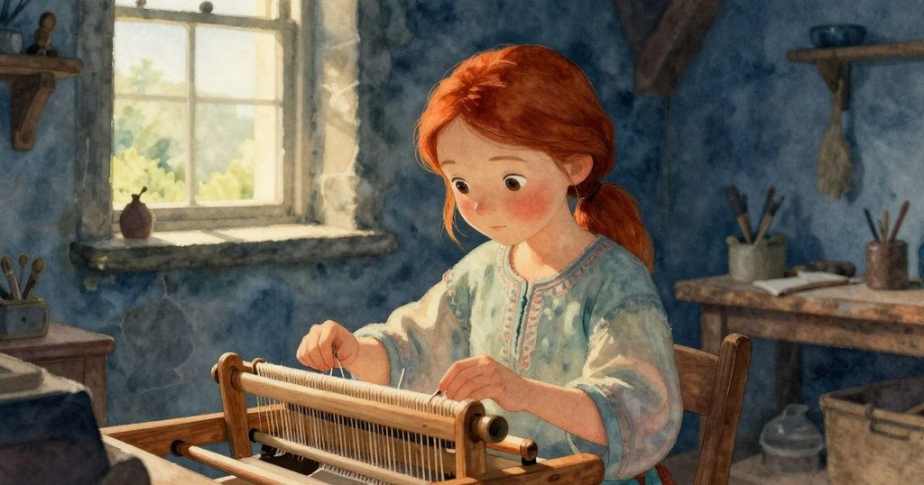 Cora在溫暖工作坊中操作穿線機,窗外石頭被陽光灑落,麻雀輕步走向窗台,場景明亮且充滿生機