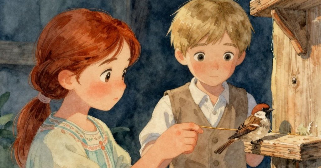 麻雀在窗台上輕觸琥珀色細線,靠近斑駁木板與青灰粉塵中探索寶貝,細緻且溫馨的場景