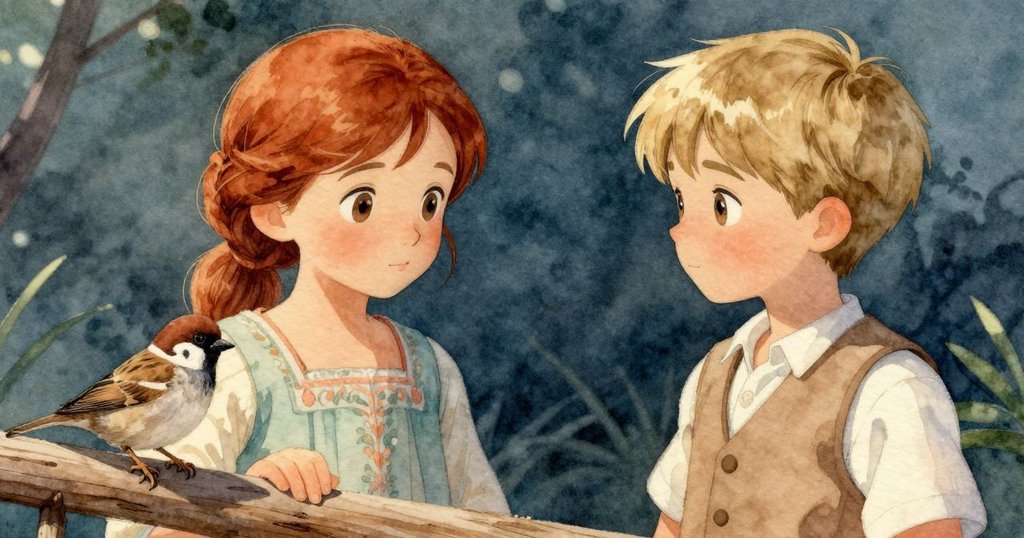 麻雀回到工作坊門框上,停在平滑的白蠟木欄杆上,好奇輕觸,和煦陽光灑落,充滿寧靜與溫暖