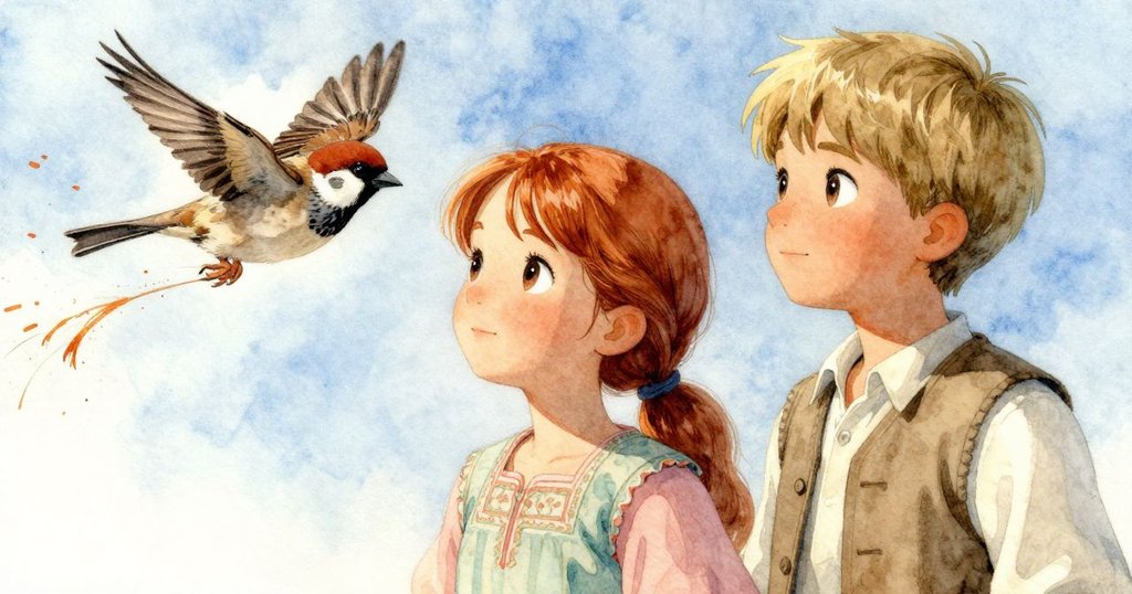 麻雀以迅雷不及掩耳之勢飛向蔚藍天空,拖曳著琥珀絲線,畫面動感十足與下方靜謐景致形成鮮明對比