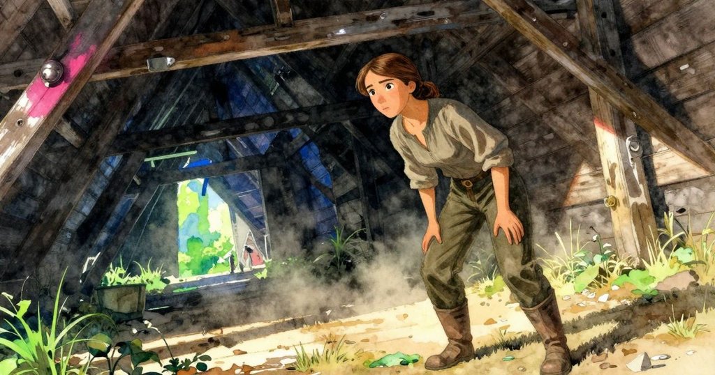 帕洛瑪在老磨坊內操作投料口，身體傾斜以動態角度呈現，背景石牆與斑駁日光映襯出神秘氣氛。