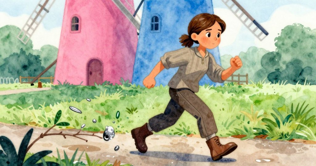 帕洛瑪在濕滑走道上快速行走，分層背景呈現流水、石頭和飄浮樹枝的動態互動，豐富層次。