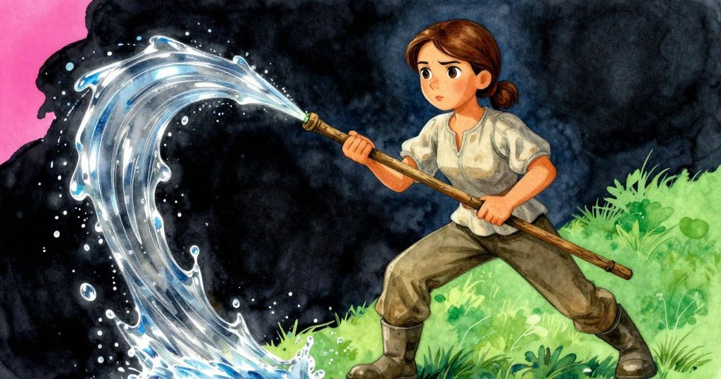 帕洛瑪用鉤杆輕撥漂浮枝條，水花四濺形成半沉浸效果，展現出動態水滴與清新氛圍。