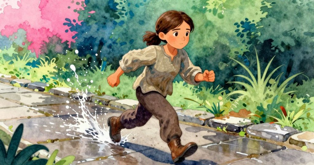 帕洛瑪在濕滑石徑上急速奔行，面對湍急水流挑戰，身上麵粉飛散，表情堅定充滿奮鬥之感。