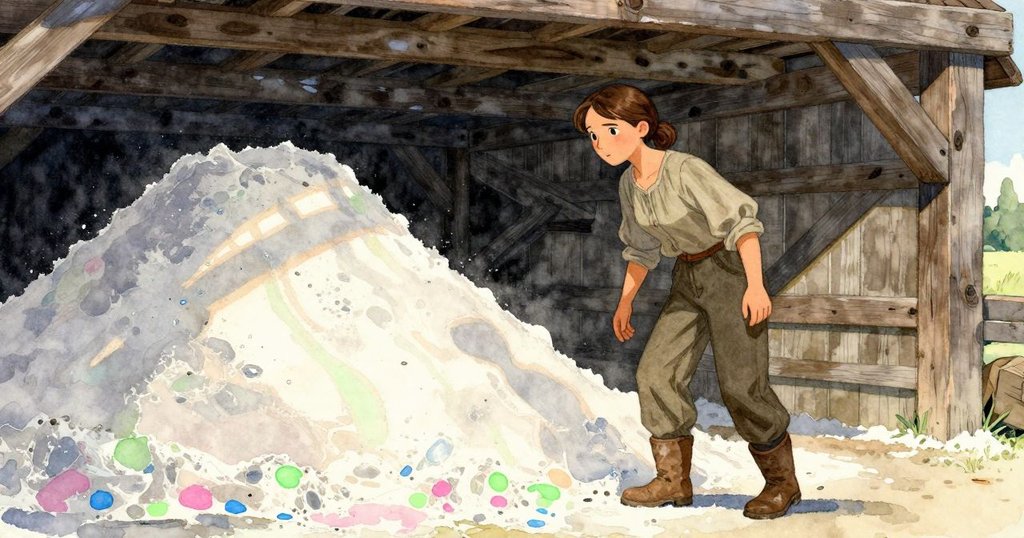 帕洛瑪退回磨坊室內凝視新成的細脊麵粉堆，陽光穿窗灑落出條紋光影，畫面寧靜而充滿希望。