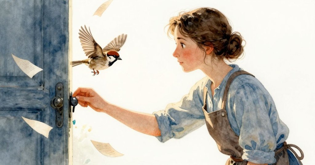 冬天在閣樓入口推門而入,身影柔和,樹麻雀掠過,紙張隨風舞動,營造出清晨的溫暖氛圍