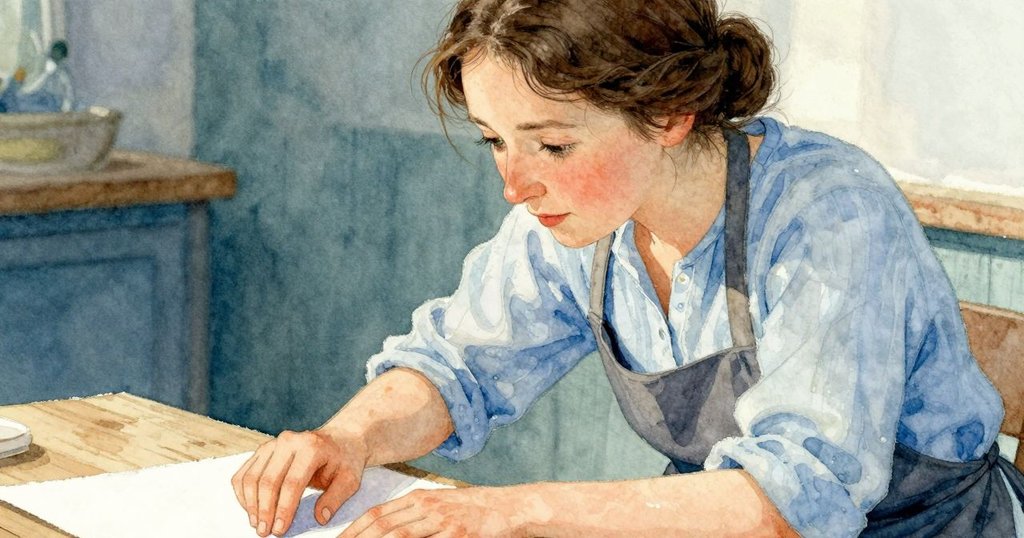 冬天在室內近鏡頭中輕觸濕紙,臉上流露出感受與好奇神情,溫暖光線襯托細膩觸感